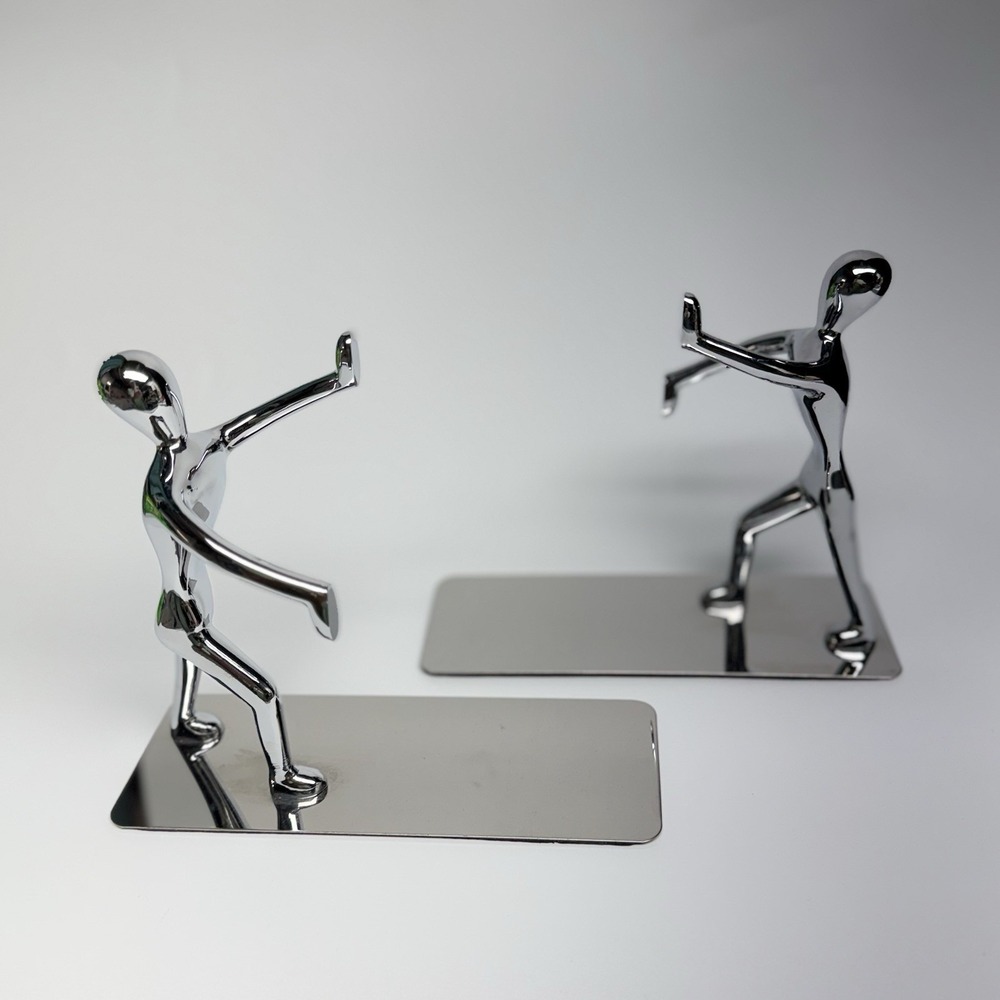 Set Pop Art Chrome Modern Man Abstract Figure Bookends Modernist Sculpture 6626